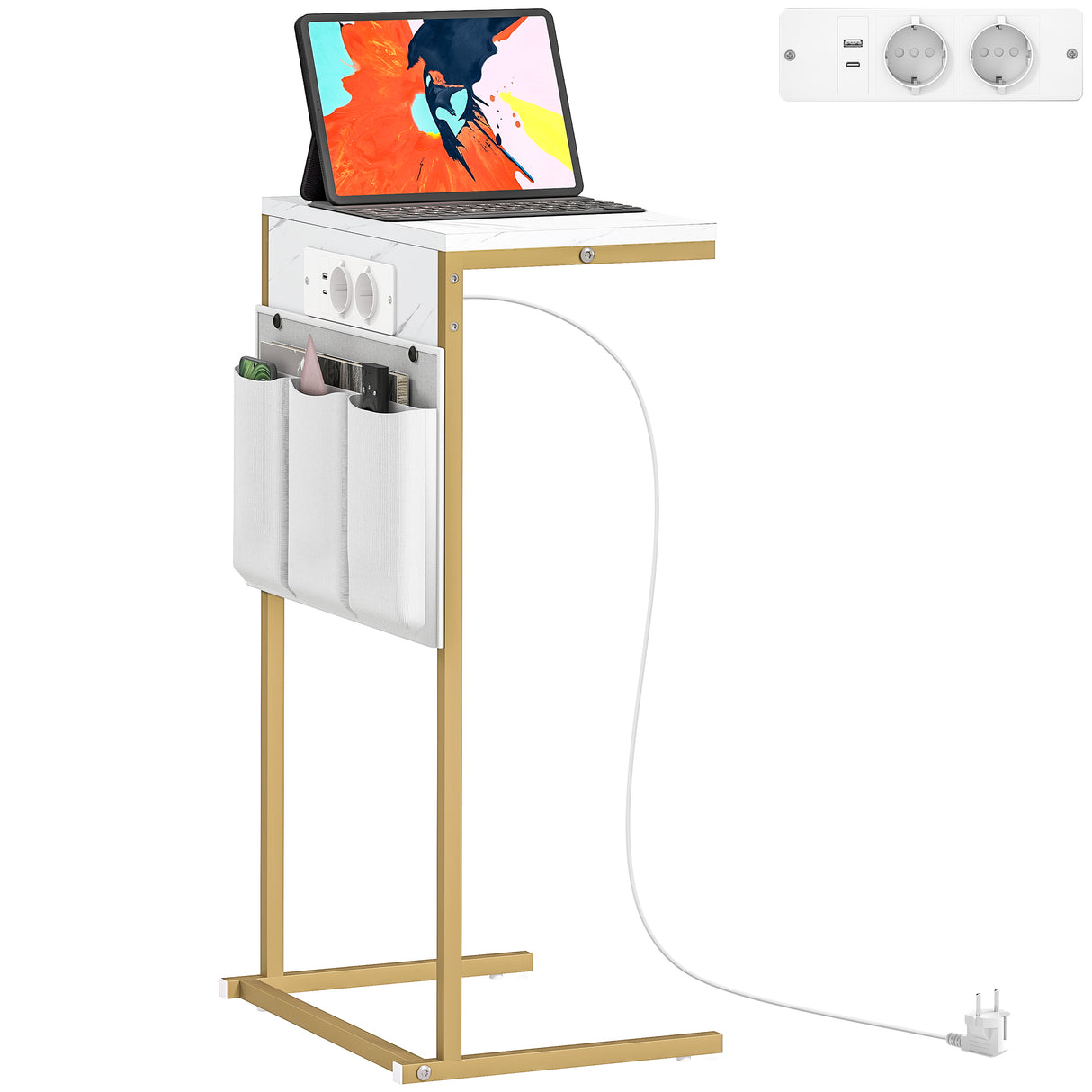 easycomfort easycomfort tavolino da salotto a forma di c effetto marmo con prese di corrente e usb integrate bianco