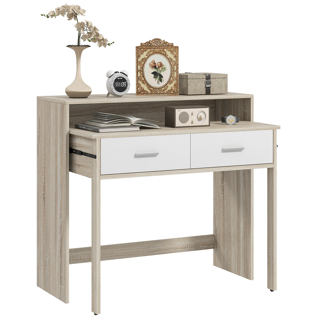 easycomfort easycomfort tavolo consolle a 2 livelli con piano estraibile e 2 cassetti in legno 95x35x87cm rovere