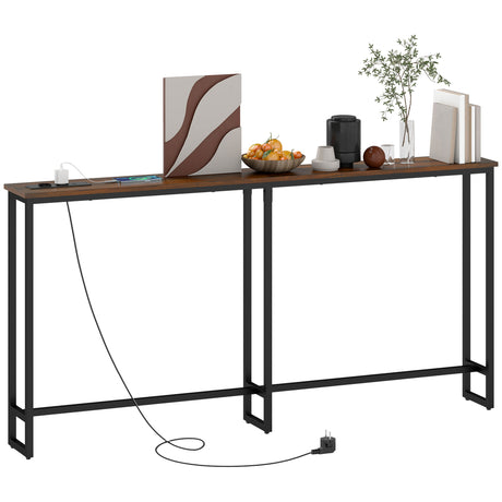 easycomfort easycomfort tavolo consolle in stile industriale con stazione di ricarica in legno e acciaio 160x20x80 cm marrone