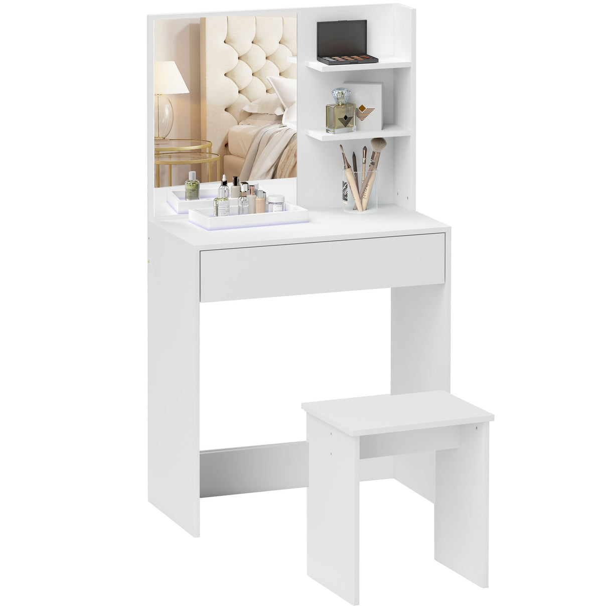 easycomfort easycomfort tavolo da trucco a 3 ripiani e cassetti con specchio e sgabello in truciolato 75x40x137 cm bianco
