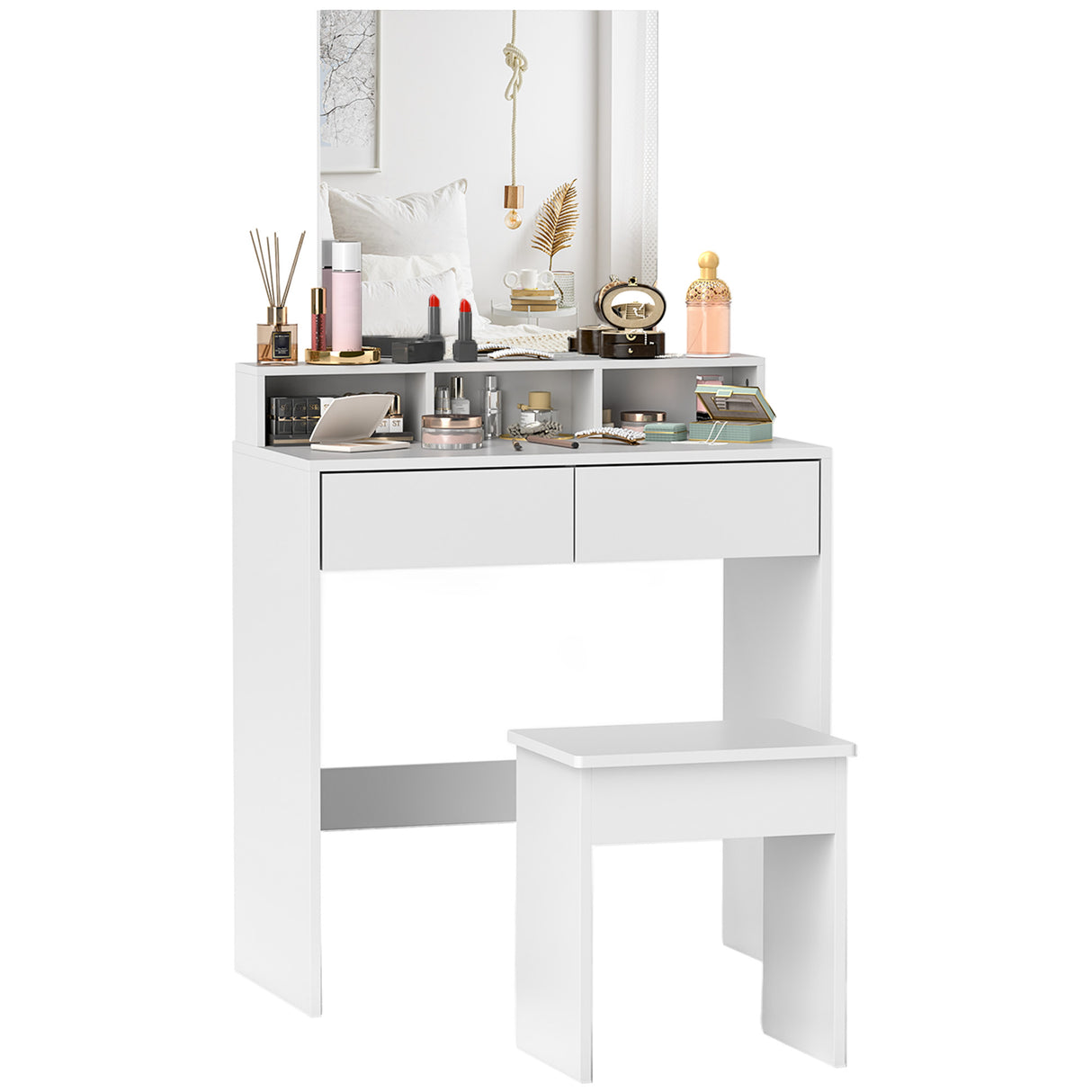 easycomfort easycomfort tavolo da trucco con specchio 3 ripiani 2 cassetti e sgabello in legno 75x38x135 cm bianco