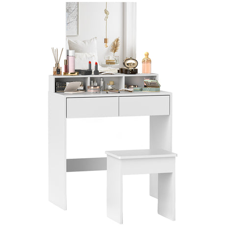 easycomfort easycomfort tavolo da trucco con specchio 3 ripiani 2 cassetti e sgabello in legno 75x38x135 cm bianco