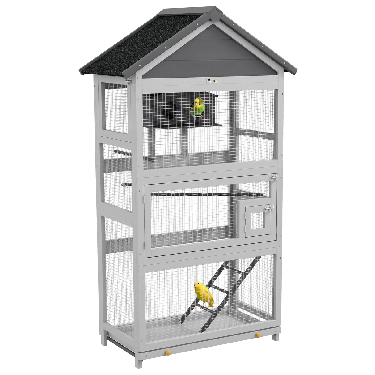 easycomfort easycomfort voliera per uccellini a 3 porte con casetta e vassoio in legno e metallo 92x52x171 cm grigia e nera