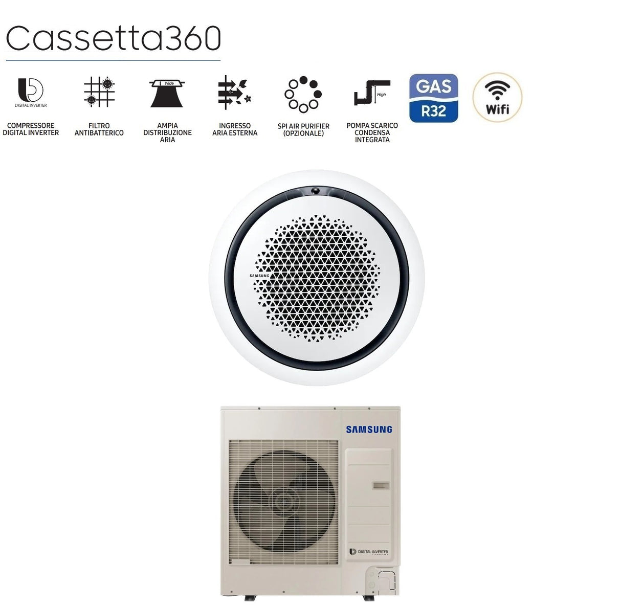 climatizzatore condizionatore samsung inverter cassetta 360 36000 btu ac100rn4pkg eu r 32 wi fi optional con comando a filo incluso vari pannelli disponibil