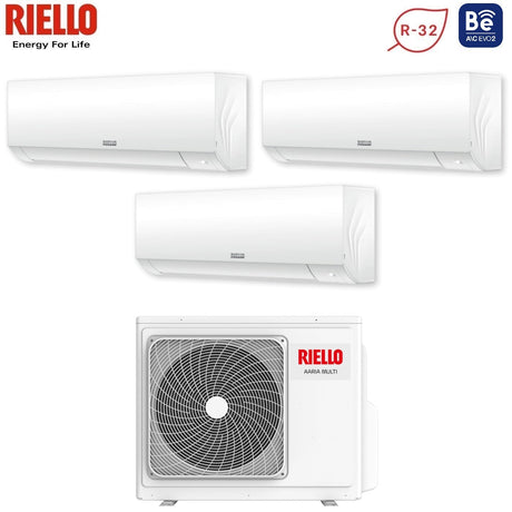 climatizzatore condizionatore riello trial split inverter serie aaria plus 9_12_12 con aaria multi 355 p r 32 wi fi optional 9000_12000_12000