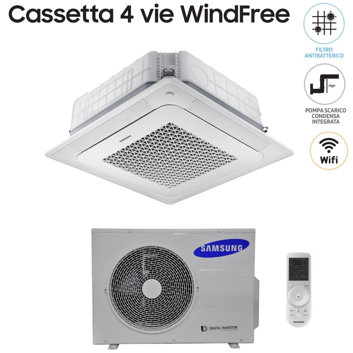 climatizzatore condizionatore samsung inverter cassetta a 4 vie windfree 24000 btu ac071nn4dkh monofase wi fi optional con telecomando wireless e pannello incluso 6389
