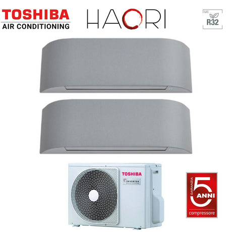 climatizzatore condizionatore toshiba dual split inverter serie haori 13_16 12_15 con ras 3m26u2avg e r 32 wi fi integrato 13000_16000 12000_15000 colore grigio chiaro