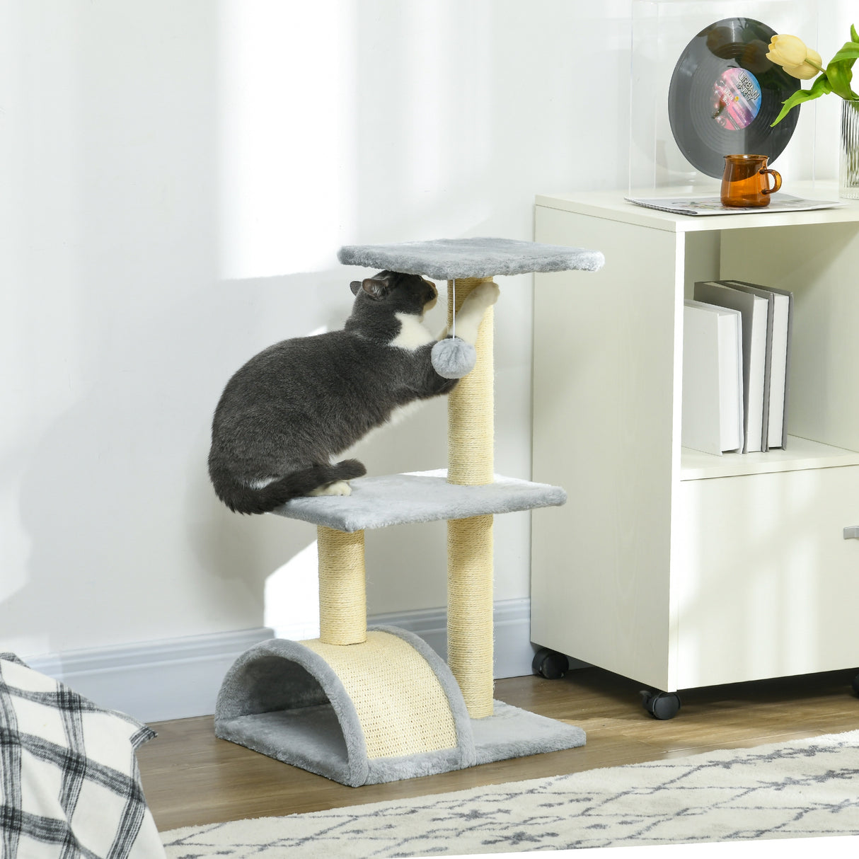 easycomfort easycomfort albero per gatti a 3 livelli con tiragraffi peluche e sisal 40x35x72 cm grigio chiaro