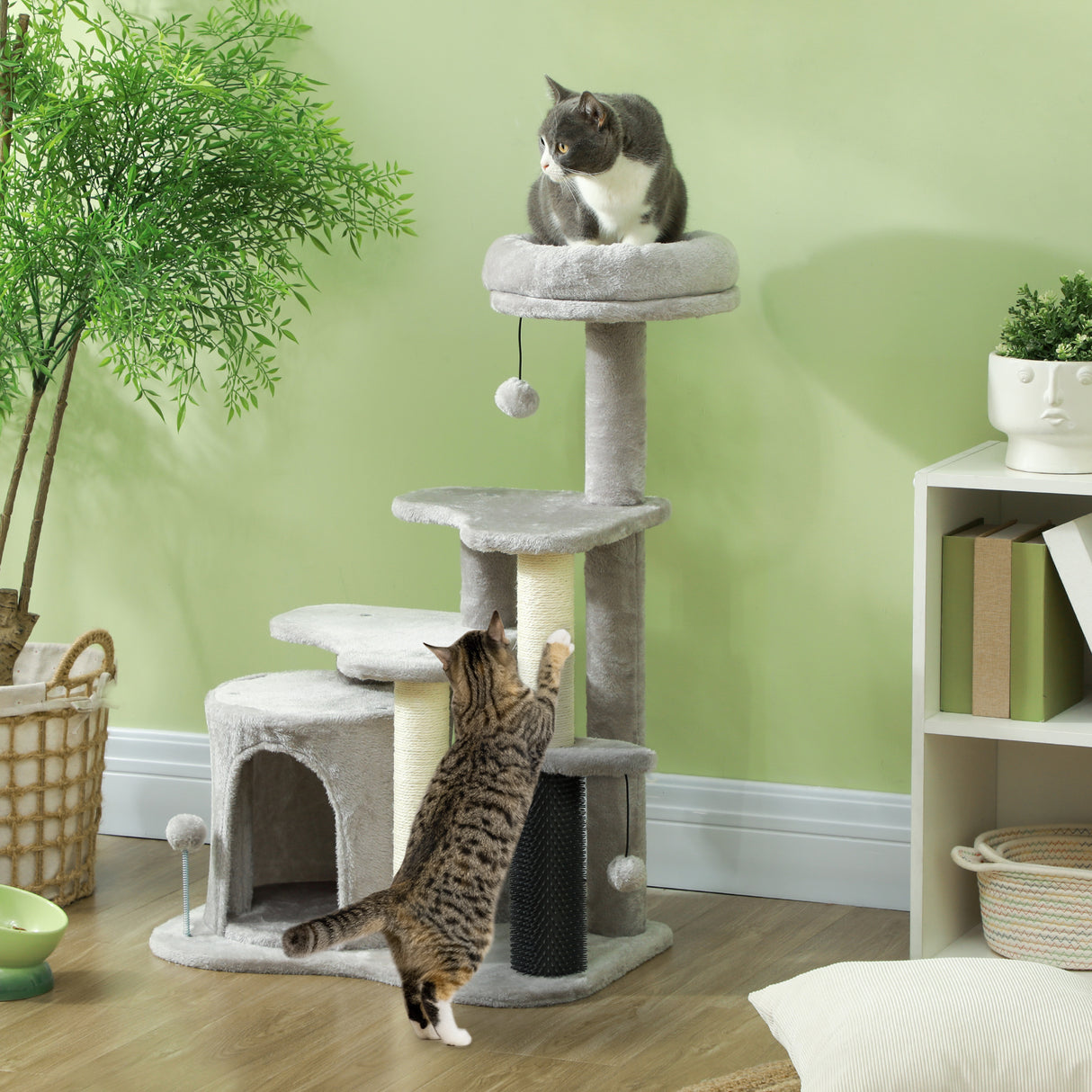 easycomfort easycomfort albero per gatti con casetta lettino e palline in truciolato sisal e peluche 60x39x87 cm grigio chiaro e crema