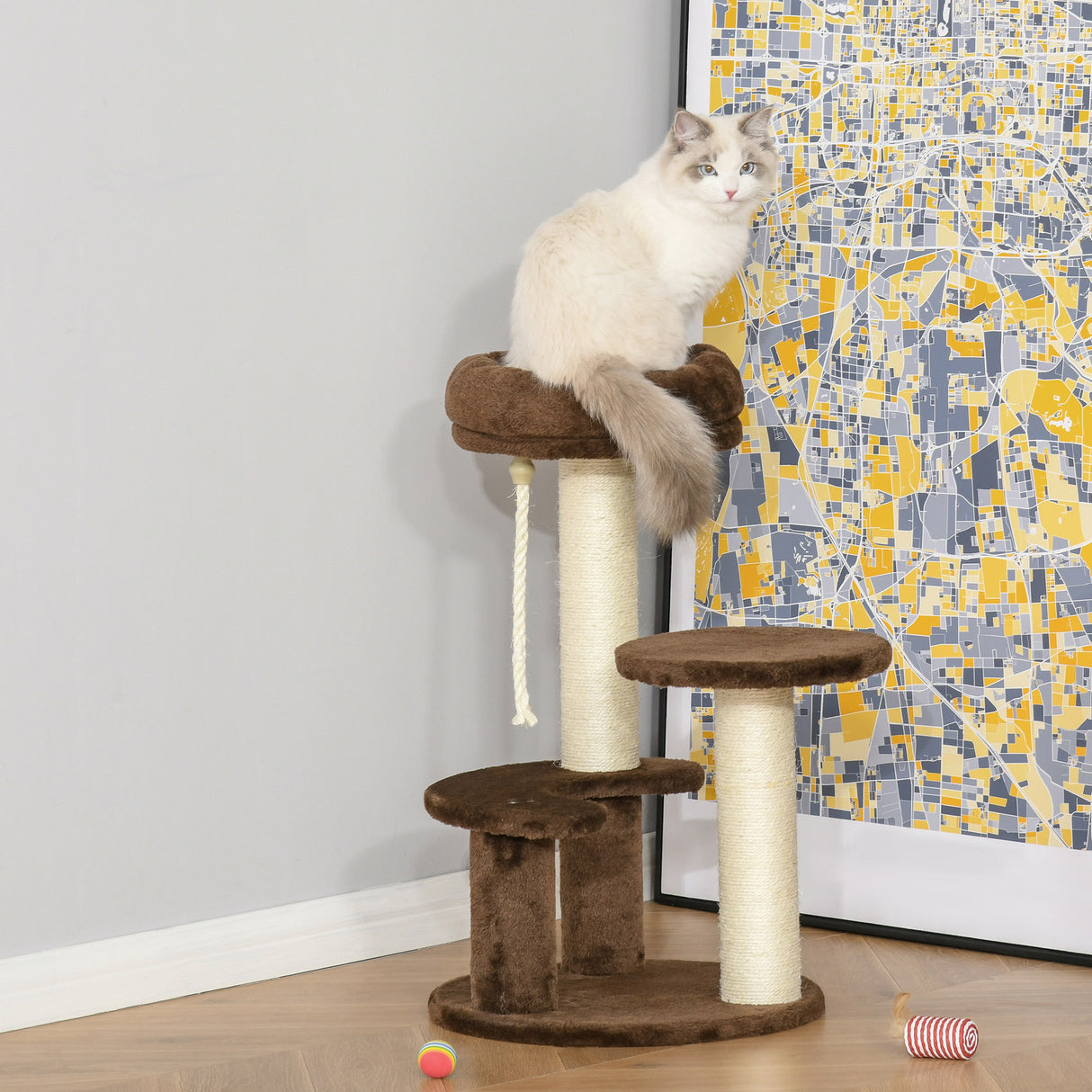 easycomfort easycomfort albero tiragraffi per gatti a 3 livelli con lettino in peluche e pali in sisal 40x65 cm marrone