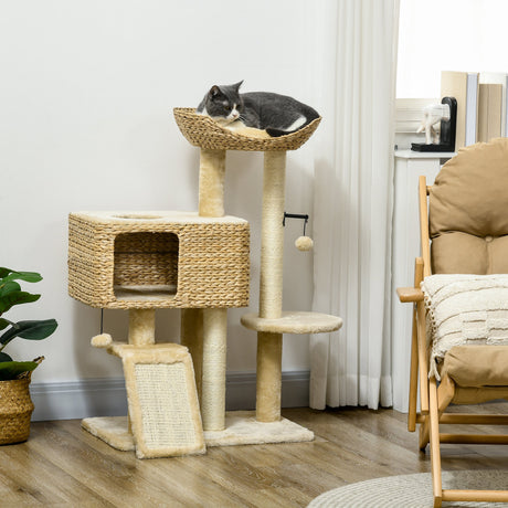 easycomfort easycomfort albero tiragraffi per gatti con casetta trespolo e pallina in legno e poliestere 60x40x95 cm marrone e beige