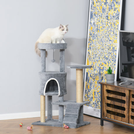 easycomfort easycomfort albero tiragraffi per gatti con trespolo casetta rampa e pallina in legno e peluche 60x40x100 cm grigio chiaro