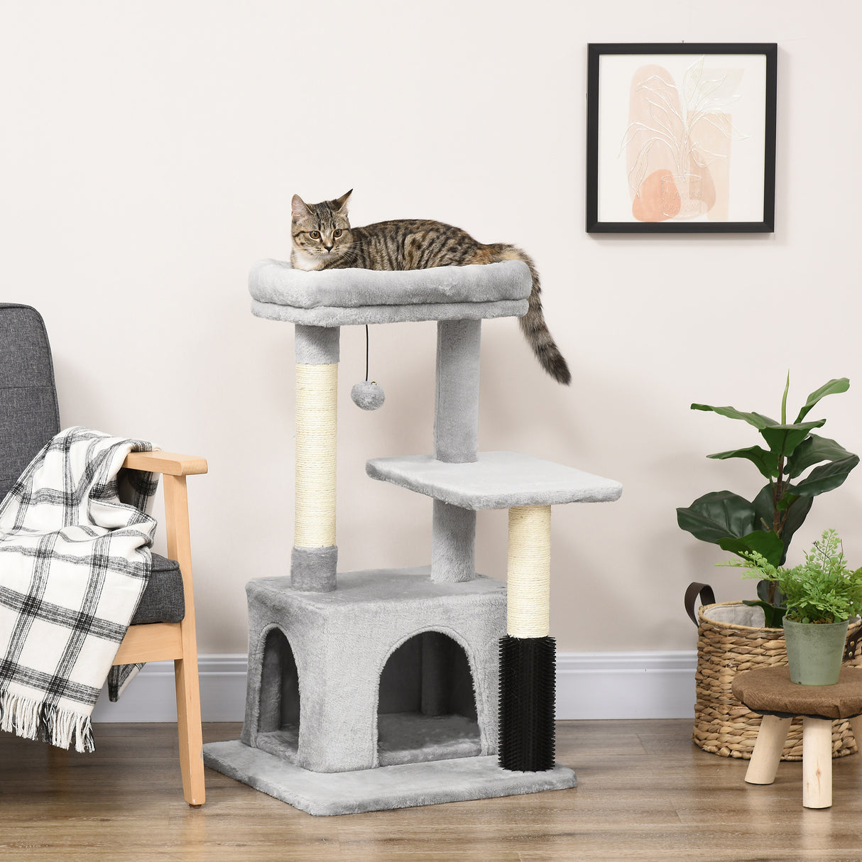 easycomfort easycomfort albero tiragraffi per gatti multilivello con lettino e casetta rivestimento in peluche grigio