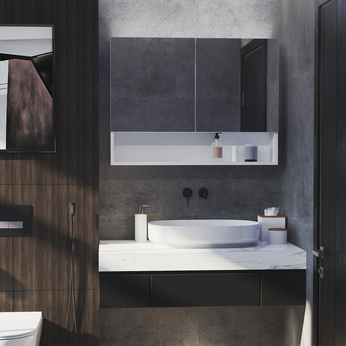 easycomfort easycomfort armadietto con specchio a muro luci a led ripiano aperto e ripiano interno 80x15x60cm