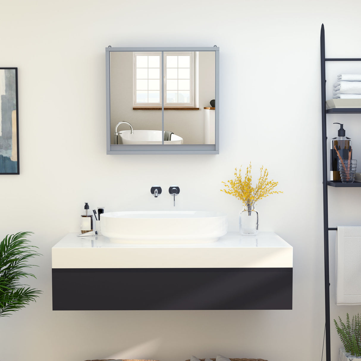 easycomfort easycomfort armadietto doppia porta a vetro con ripiano regolabile da bagno da parete legno 48x14 5x45cm grigio ean 8054111845229