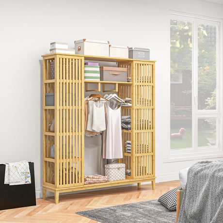 easycomfort easycomfort armadio aperto in bambu con 2 ante scorrevoli ripiani aperti e barra appendiabiti 145x35x165cm