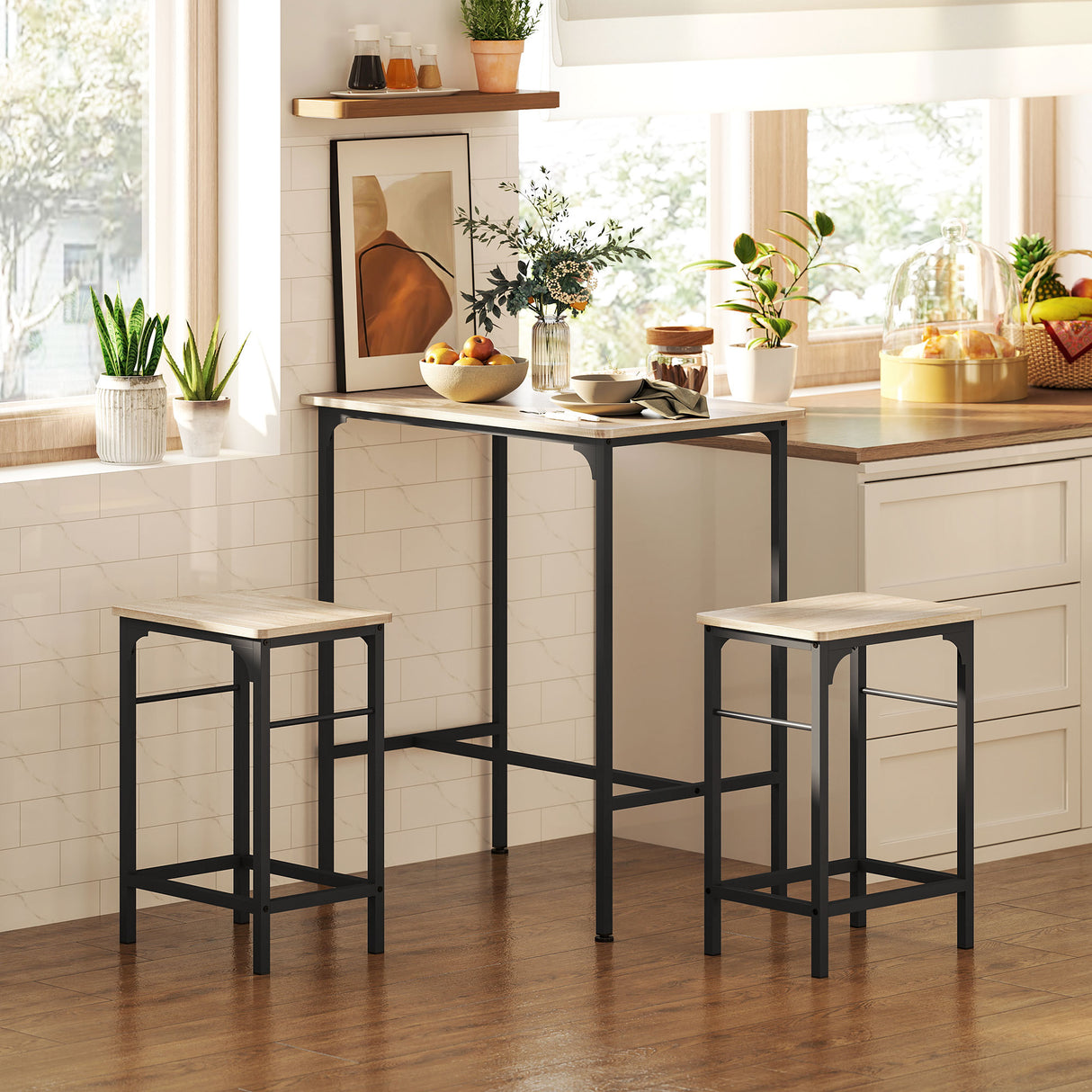 easycomfort easycomfort arredamento bar 3 pezzi con tavolo da cucina e 2 sgabelli da bar in legno e acciaio color legno e nero