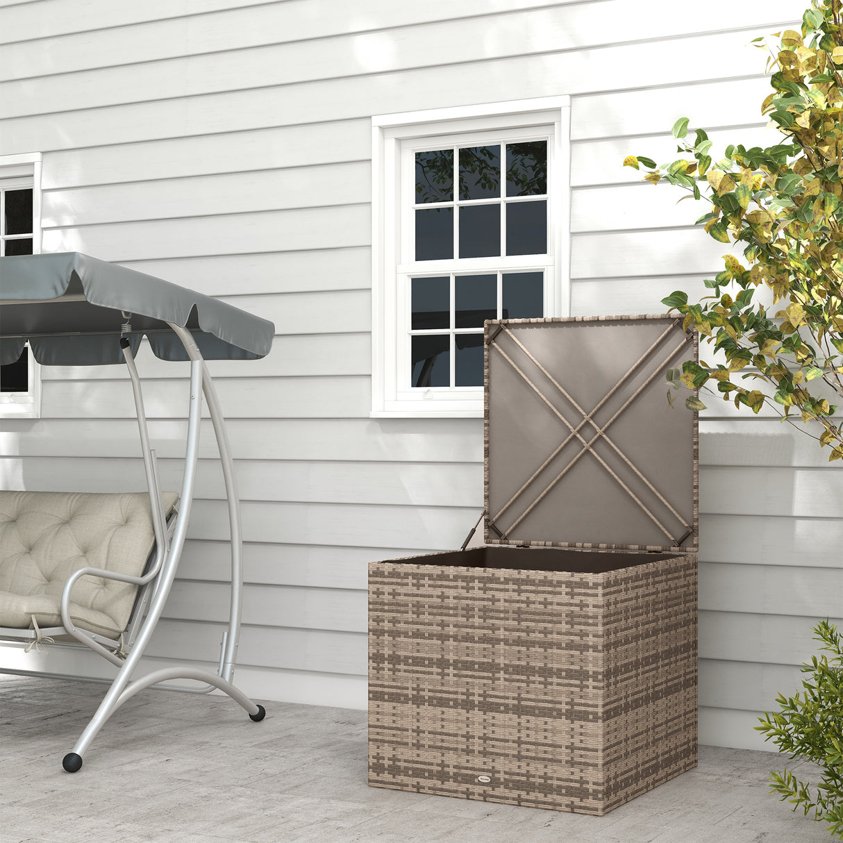 easycomfort easycomfort baule da esterno in rattan pe e acciaio con fodera interna 75x75x70 cm nero e color sabbia