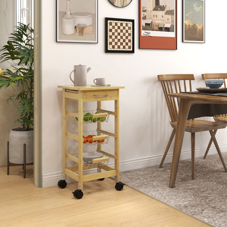 easycomfort easycomfort carrello cucina con ruote cassetto e 3 cestini a rete metallica 37x37x76cm colore legno