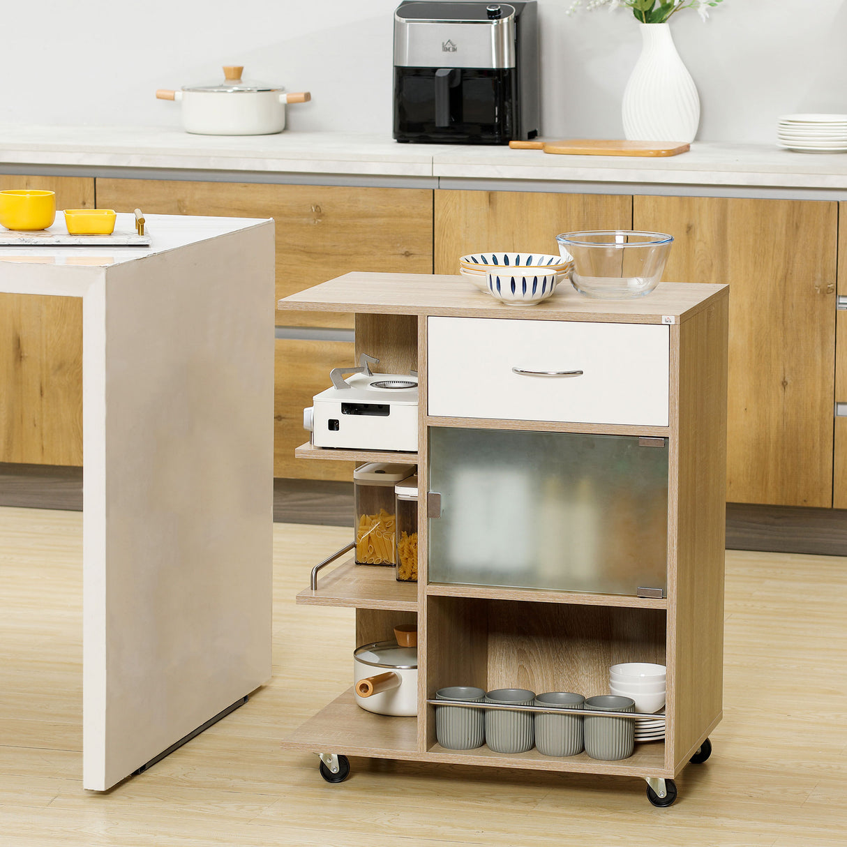 easycomfort easycomfort carrello da cucina portavivande con cassetto ripiani e armadietto in legno acciaio e vetro 65x39x80cm