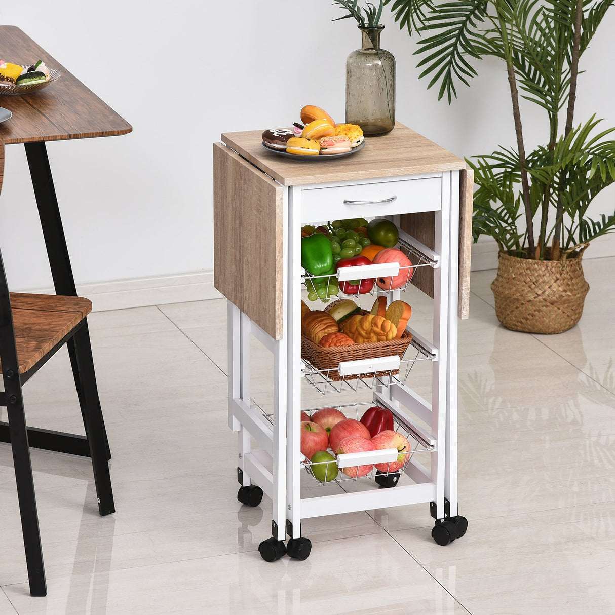 easycomfort easycomfort carrello portavivande pieghevole a 6 ruote con 3 cestini cassetto e 2 ribalte carrellino per cucina in mdf e metallo 37x37x77 5 cm bianco e legno