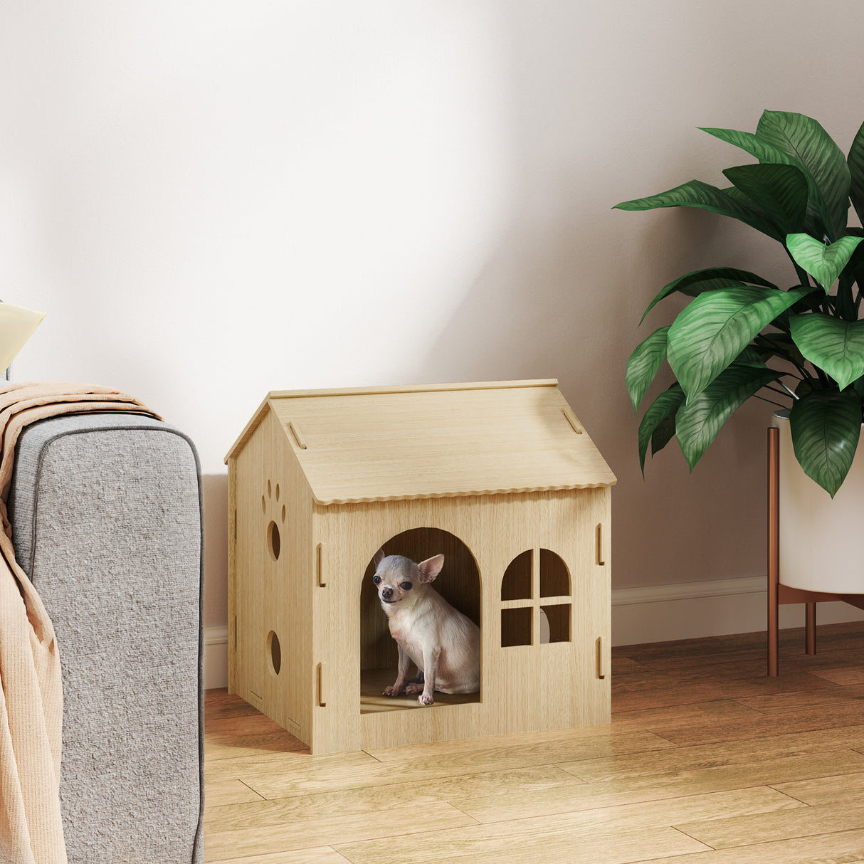 easycomfort easycomfort casetta per cani da interni con finestrella e ingresso anteriore in legno 49 5x41x51 cm color rovere