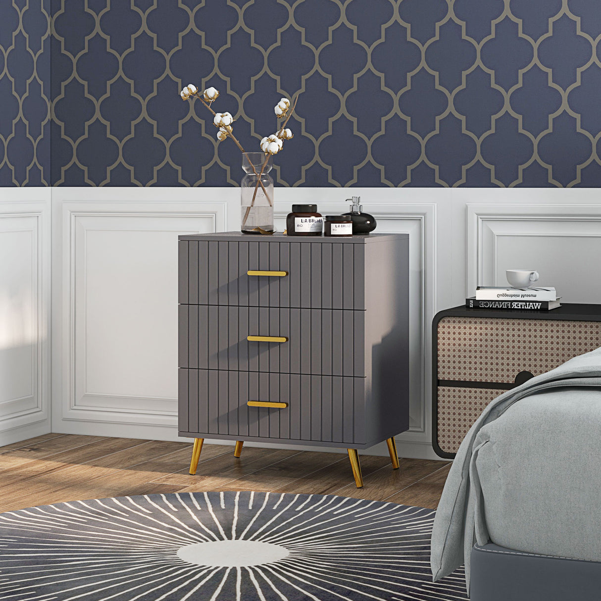 easycomfort easycomfort cassettiera 3 cassetti moderna in legno e alluminio 60x40x71 5 cm oro e grigio scuro