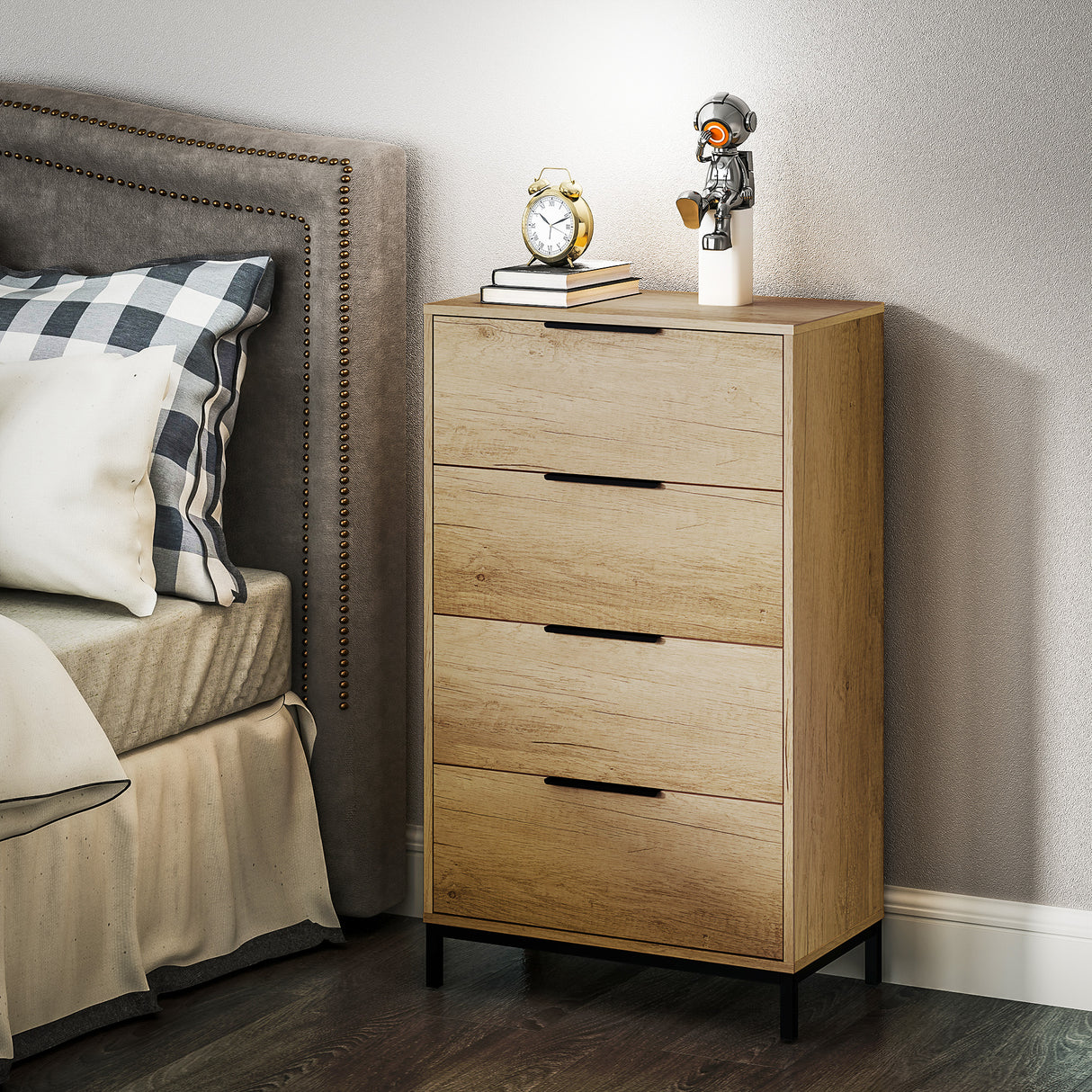 easycomfort easycomfort cassettiera 4 cassetti antiribaltamento con maniglie nere in legno e metallo 62x35x105 cm marrone chiaro