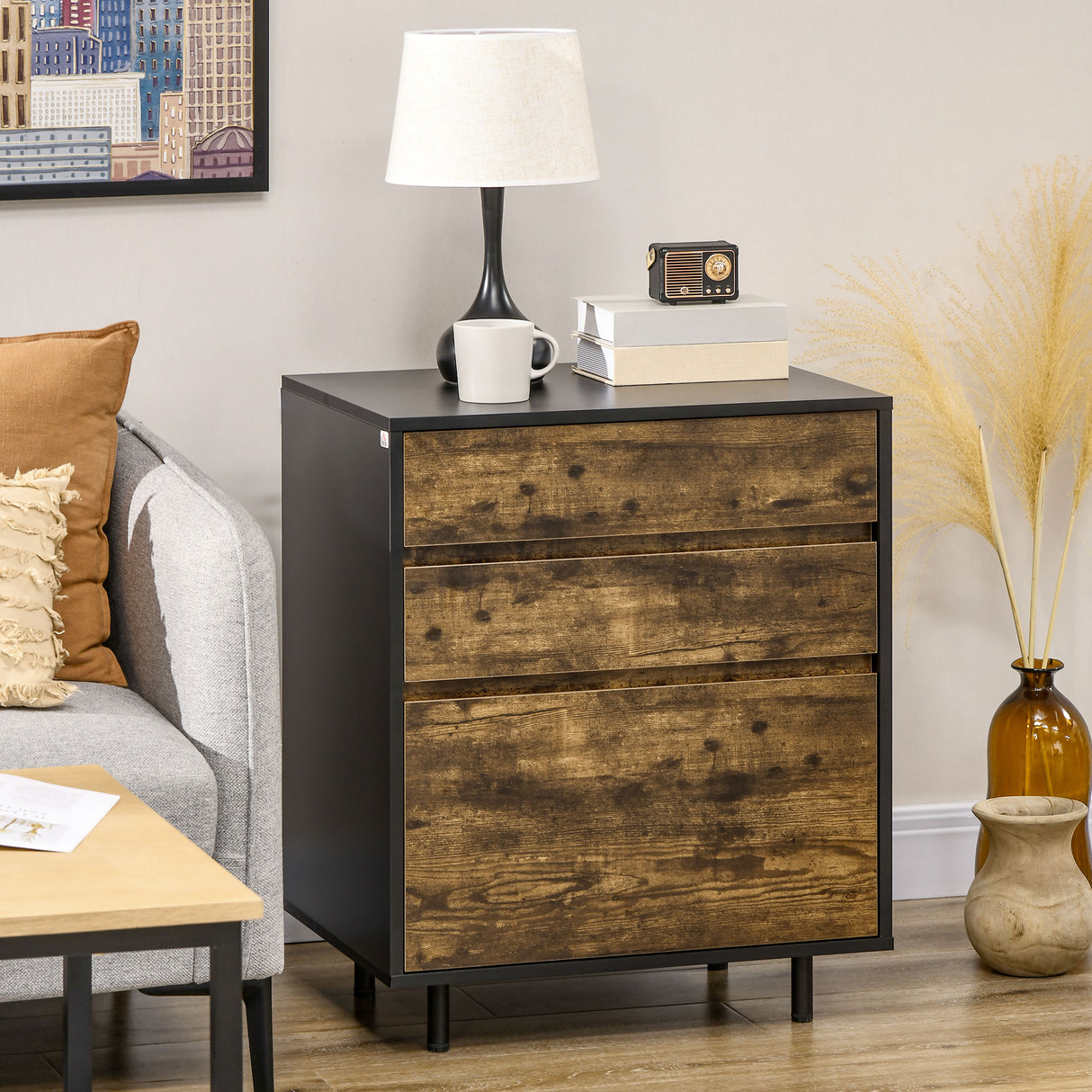 easycomfort easycomfort cassettiera con 3 cassetti in truciolato dallo stile rustico 60x45x75cm marrone e nero