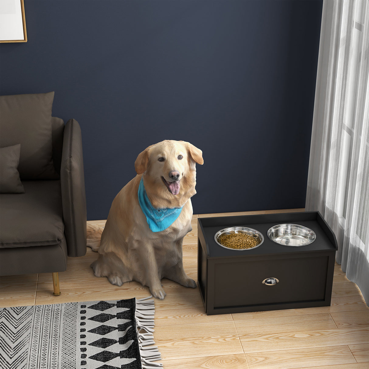 easycomfort easycomfort ciotole per cani rialzate in acciaio inox e legno con cassetto 60x30x36cm nero