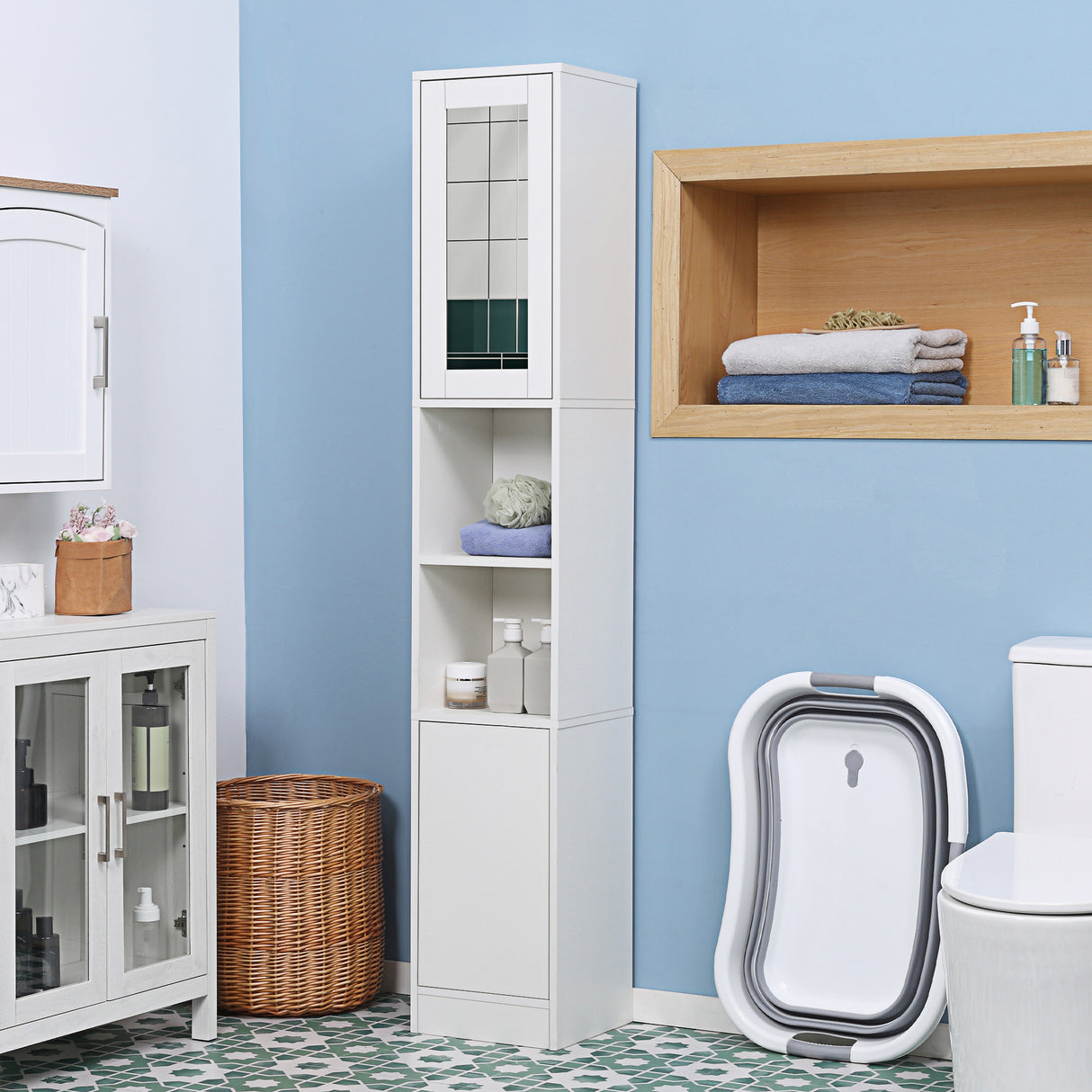 easycomfort easycomfort colonna bagno salvaspazio in legno con specchio e apertura a pressione 30x28x170cm bianco