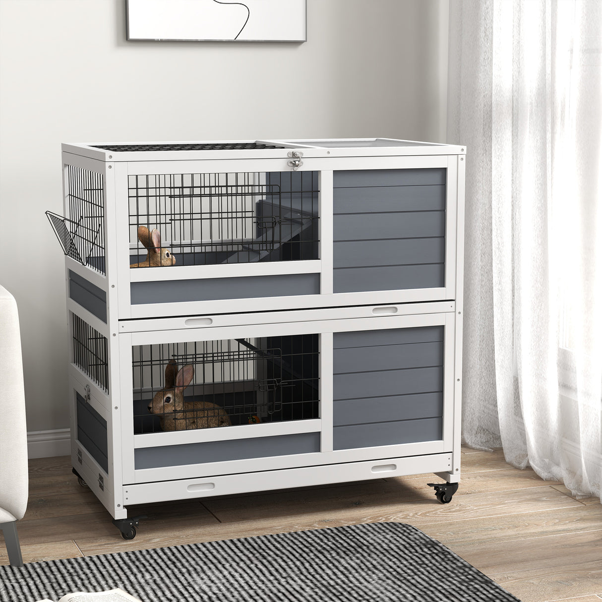 easycomfort easycomfort conigliera in legno da interno a 2 livelli con ruote vassoi estraibili e rampe grigio
