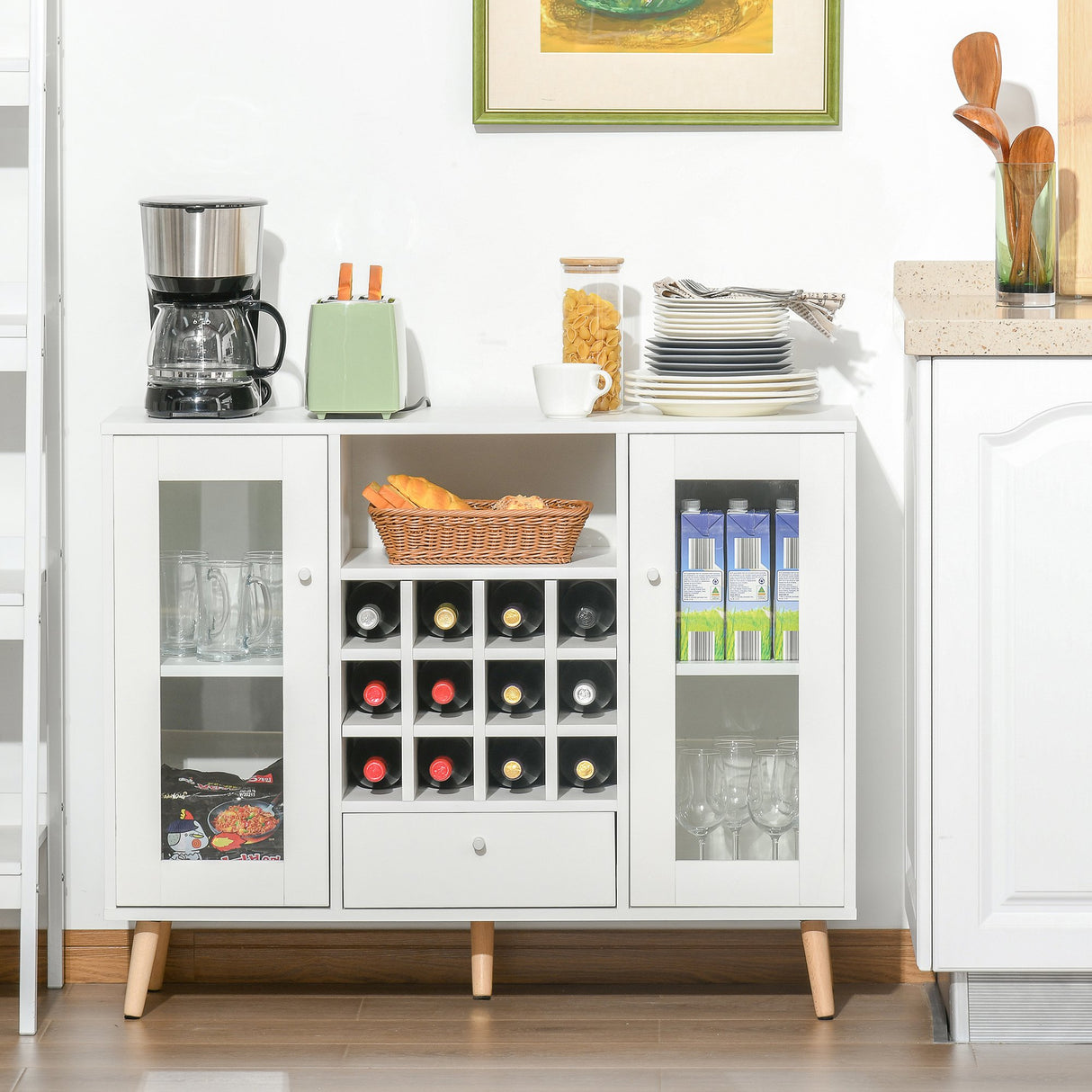 easycomfort easycomfort credenza moderna da cucina con cantinetta vini 12 bottiglie cassetto e armadietti in legno 100x33x80cm bianco