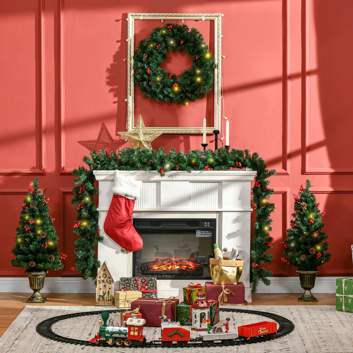 easycomfort easycomfort decorazioni natalizie set 4 pezzi con 2 alberelli di natale 40x90 cm ghirlanda natalizia e corona di natale
