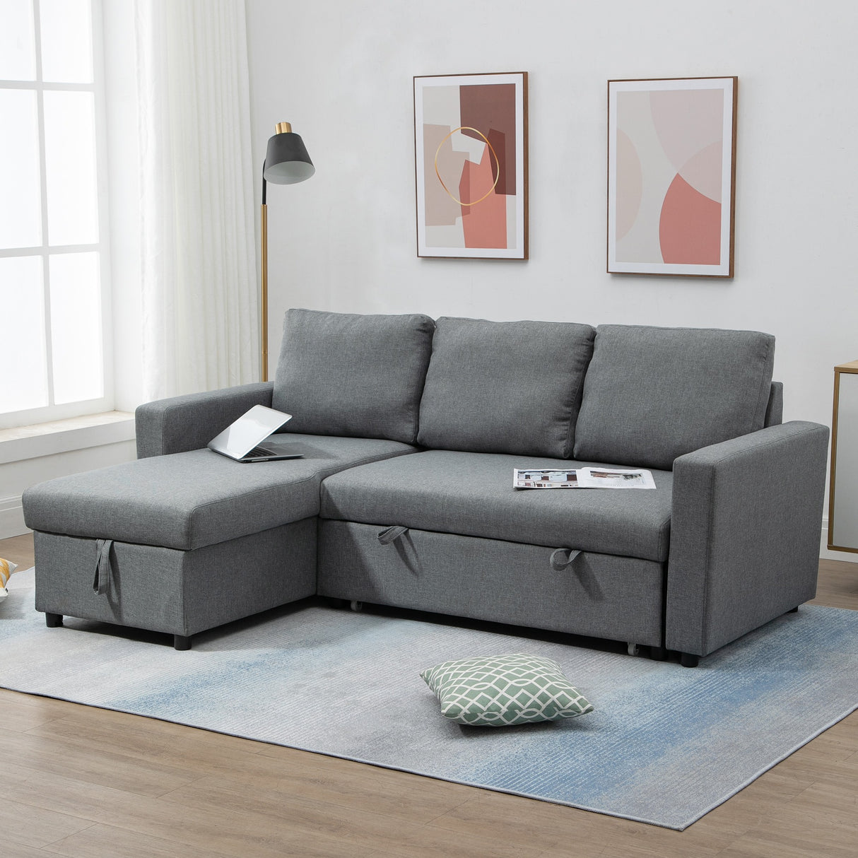 easycomfort easycomfort divano letto 3 posti e penisola con contenitore rivestimento tessuto effetto lino 211 5x146x85cm