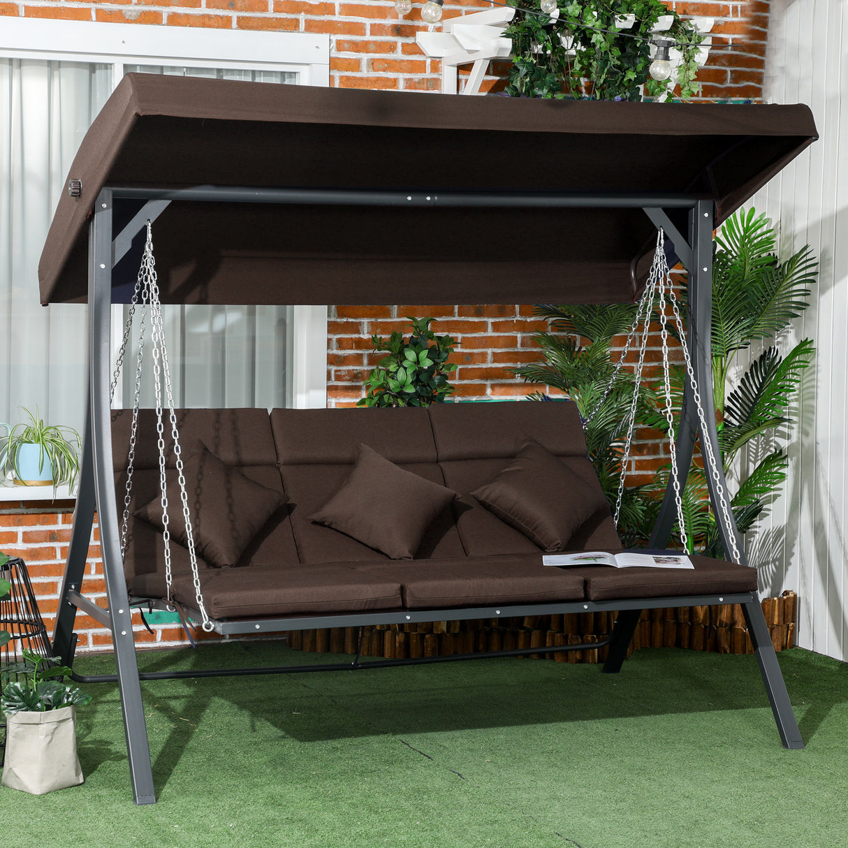 easycomfort easycomfort dondolo da giardino 3 posti con cuscini seduta chaise longue e tettuccio 198x118x168 cm marrone