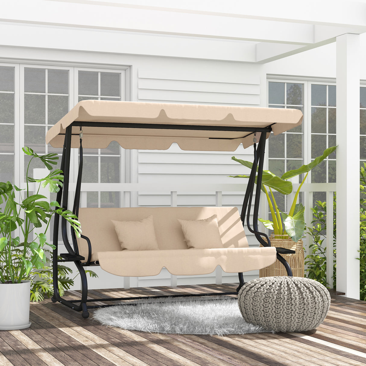 easycomfort easycomfort dondolo letto da giardino 3 posti con tetto regolabile e vassoio 200x120x164 cm marrone chiaro