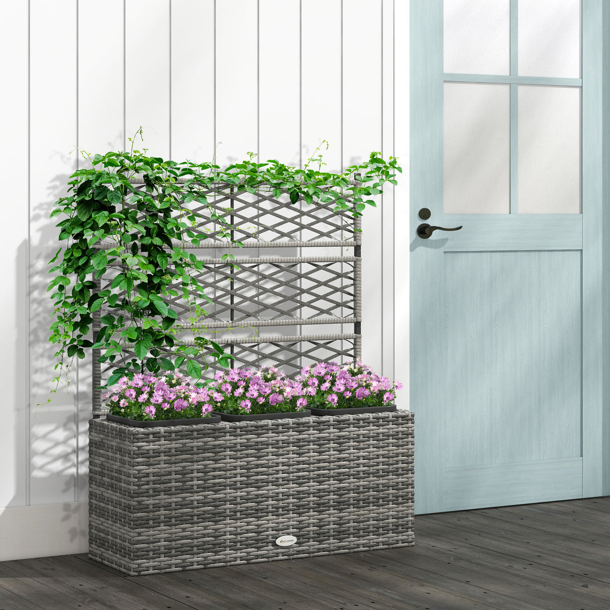 easycomfort easycomfort fioriera con grigliato per rampicanti con 3 vasi in acciaio e rattan pe 84x30x107cm grigio