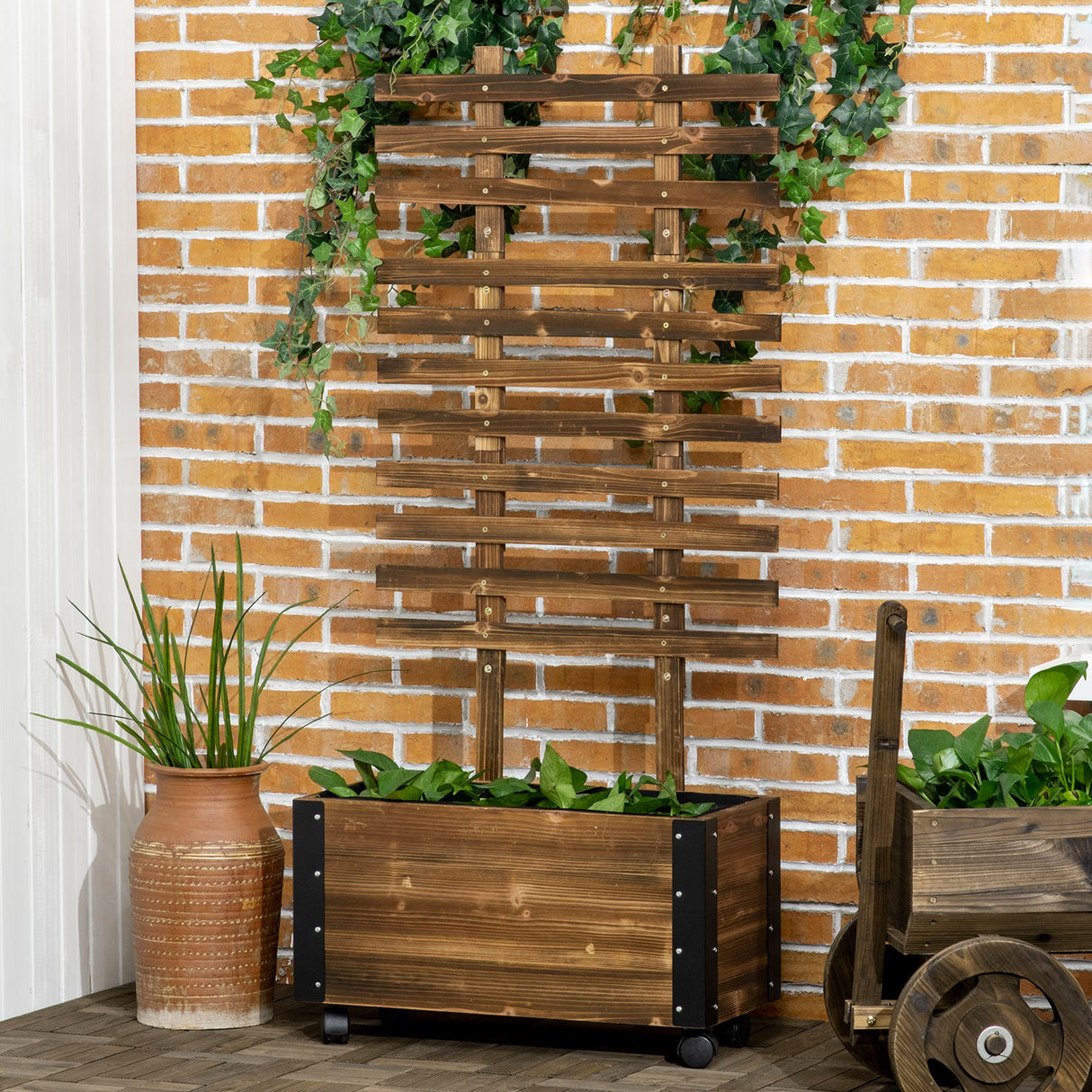 easycomfort easycomfort fioriera con traliccio per rampicanti e rotelle in legno di abete 65x31x147 cm marrone