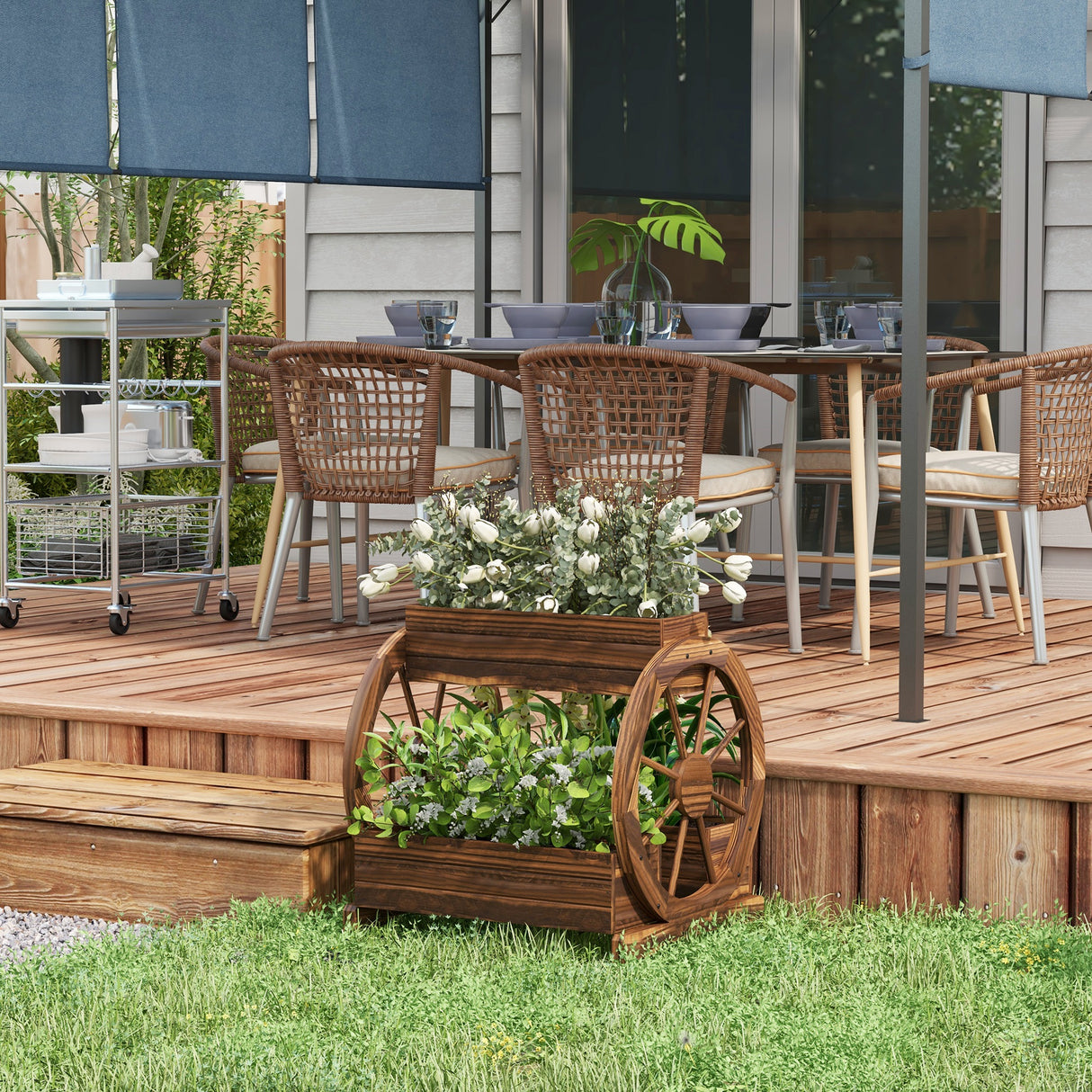 easycomfort easycomfort fioriera in legno da esterno a 2 livelli con 3 vasi e ruote di carro stile country 64x54x60cm