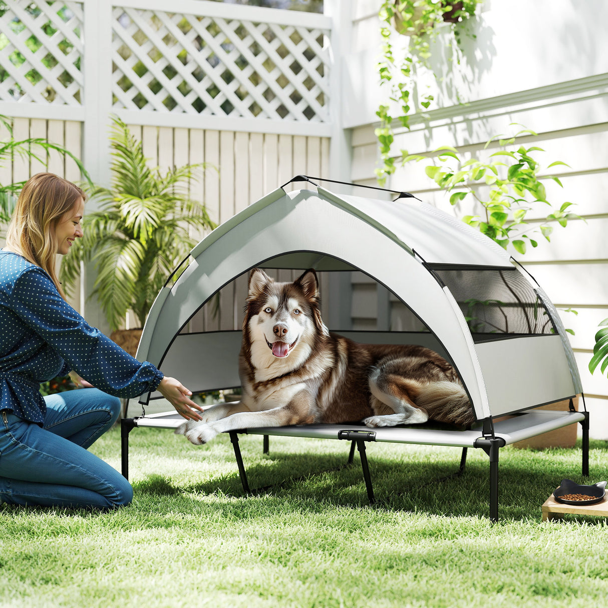 easycomfort easycomfort lettino per cani con copertura a 3 lati rimovibile in poliestere e acciaio 122x92x94 cm grigio chiaro e nero