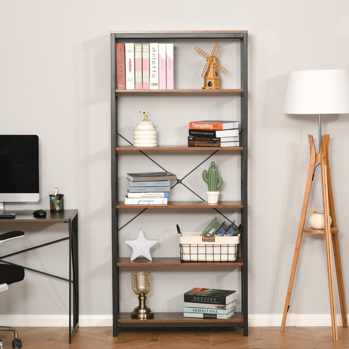 easycomfort easycomfort libreria verticale in stile industriale vintage scaffale salvaspazio con 6 mensole in legno e metallo nero 80x30x180cm ean 8054144131009