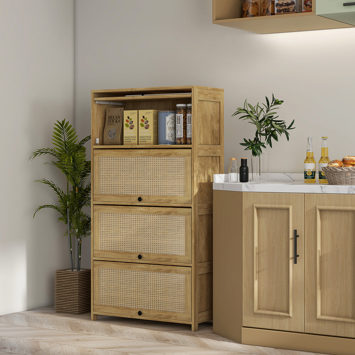 easycomfort easycomfort mobile cucina in stile boho con 4 ante a ribalta in truciolato e rattan 70x32x132 8 cm