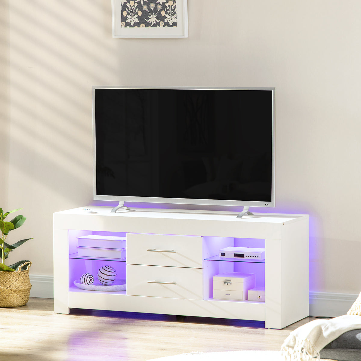 easycomfort easycomfort mobile porta tv da 55 con luci led a 12 colori e telecomando legno e vetro 120x40x50cm bianco