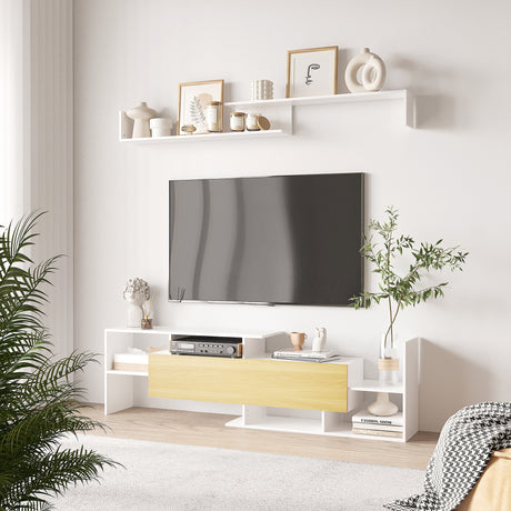 easycomfort easycomfort mobile tv con mensola a muro ripiani aperti e armadietto in legno bianco e legno naturale
