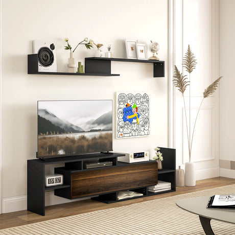 easycomfort easycomfort mobile tv con mensola a muro ripiani aperti e armadietto in legno nero e marrone