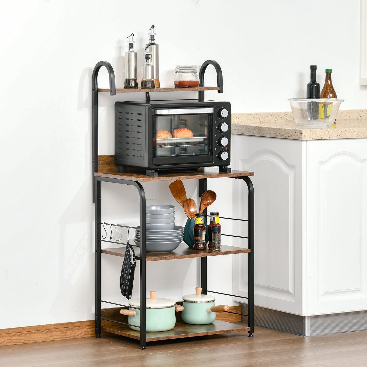 easycomfort easycomfort mobiletto per microonde a 4 ripiani e 4 ganci mobile cucina in acciaio e legno 60x40x125cm marrone rustico