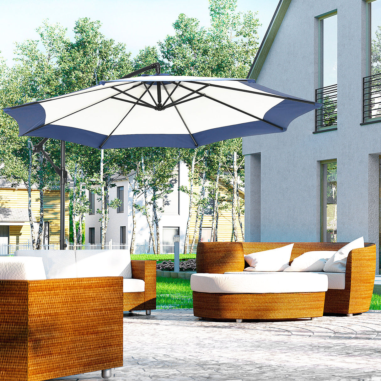 easycomfort easycomfort ombrellone da giardino a braccio 3x2 m con manovella metallo e poliestere blu scuro e crema