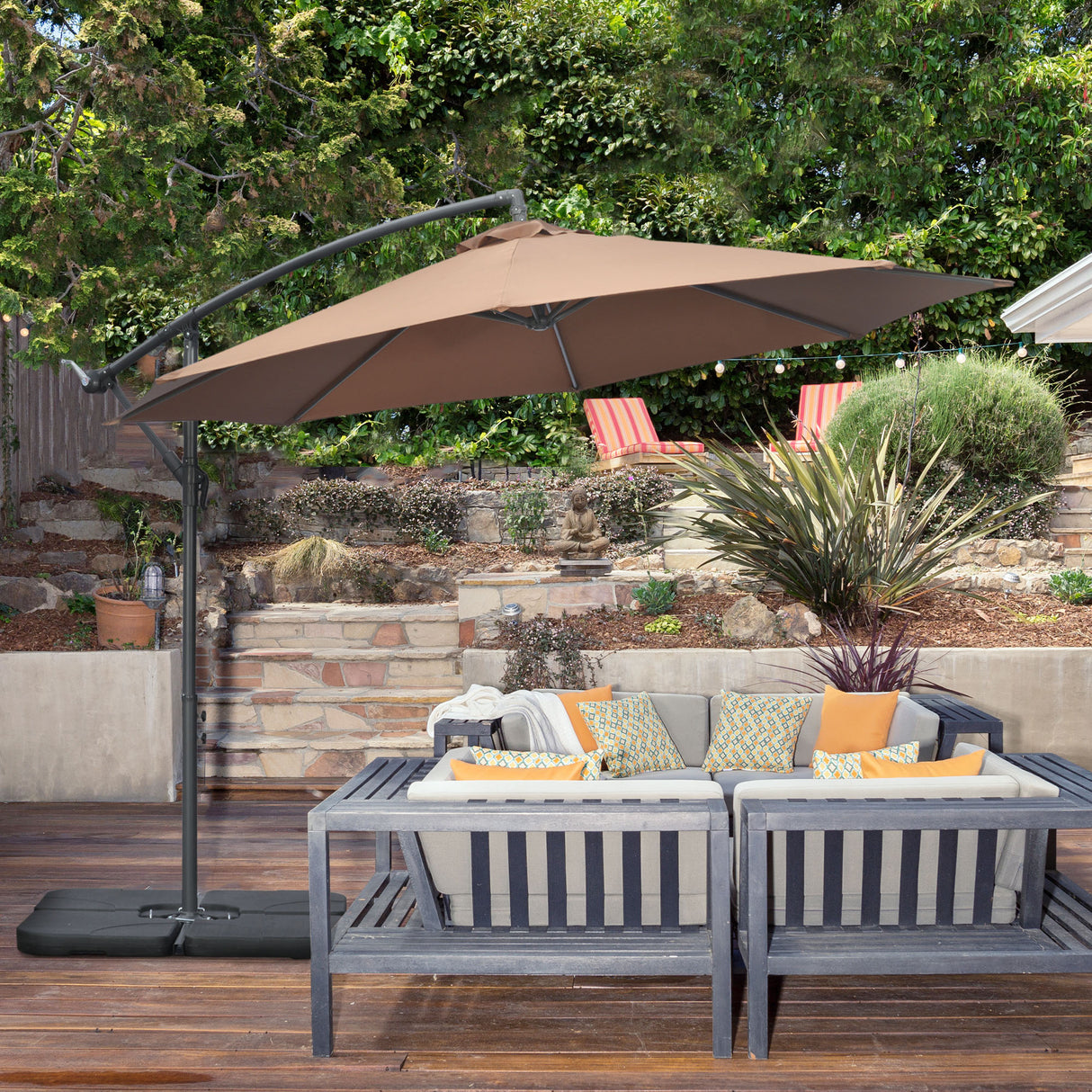 easycomfort easycomfort ombrellone decentrato a 6 stecche con manovella e base a croce in metallo e poliestere 292x247 cm caffe