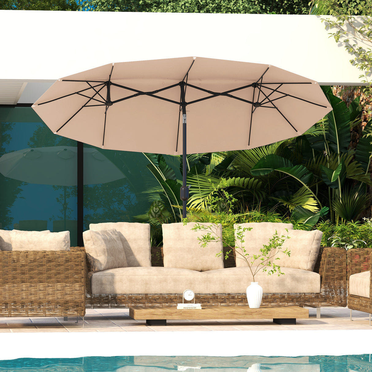 easycomfort easycomfort ombrellone doppio inclinabile a 45 con manovella e prese daria in acciaio e poliestere 285x147x227 cm caffe